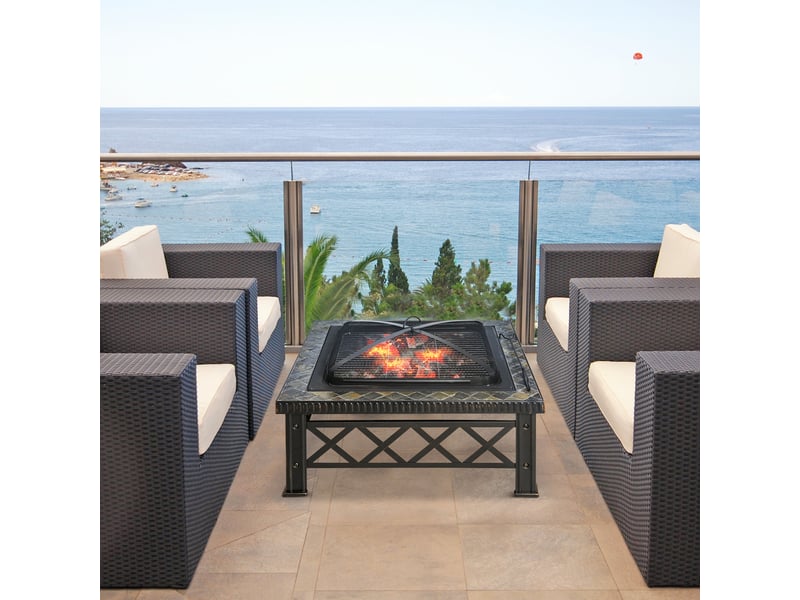  Brasero 3-en-1 (foyer/barbecue/seau à glace) avec pare-étincelles et grille de cuisson – Noir – 76 x 76 x 47 cm  - Conforama D
