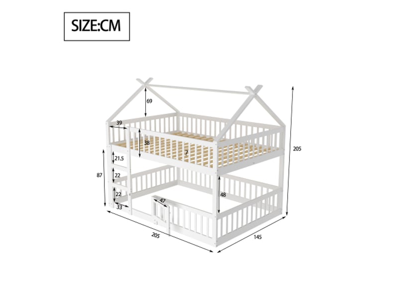  Lit superposé 140x200 cm, lit cabane 2 places avec escalier, en bois, blanc, sans matelas  - Conforama D