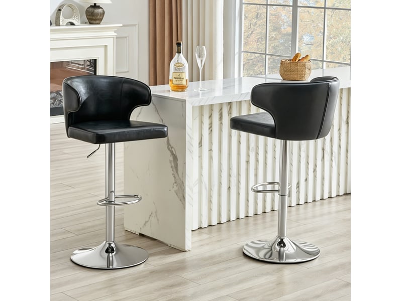  Tabouret de bar pivotant avec dossier, hauteur réglable, assise large et repose-pieds, en pu noir  - Conforama C