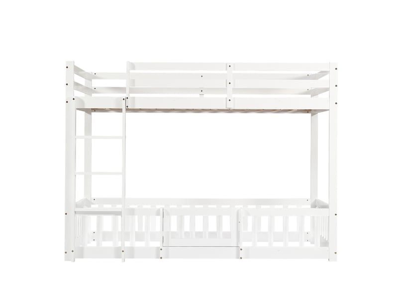 Lit superposé enfant en bois avec escalier droit, barrières et porte, pin lvl blanc, 90x200 cm, espace libre sous le lit - Conforama A