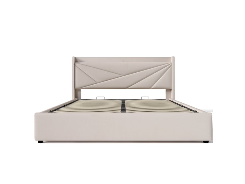  Lit coffre 160 × 200 cm 2 places avec usb et type-c, matelas inclus, tête de lit rembourrée, beige  - Conforama A