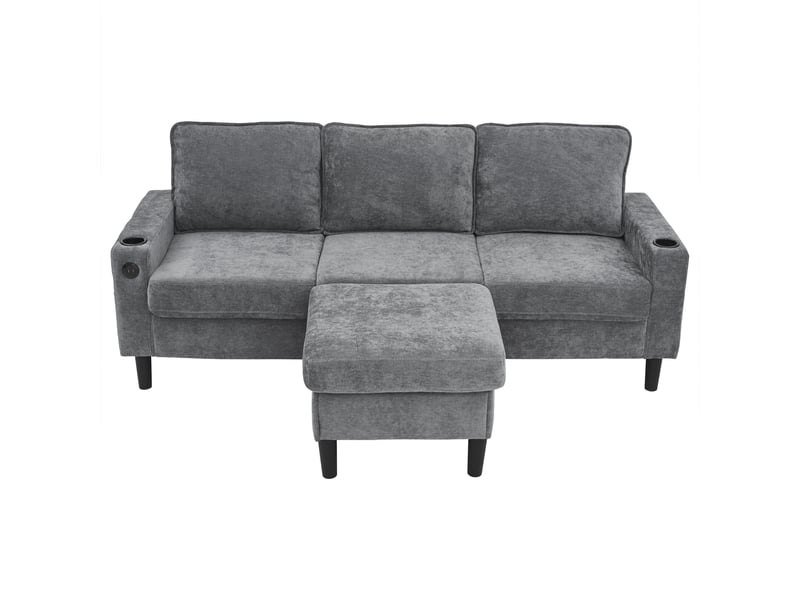  Canapé d'angle 3 places en lin gris avec porte-gobelets et usb, 202x137x80 cm, 2 poches latérales  - Conforama A