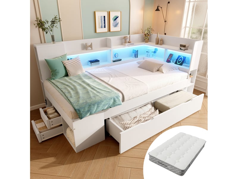  Lit de jour 90 x 200 cm blanc avec rangement, led, ports usb et matelas  - Conforama D