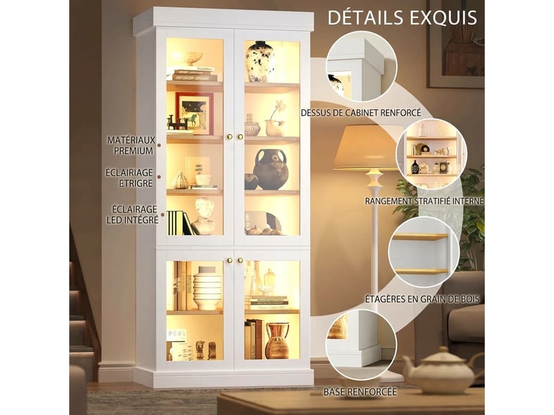  Buffet de cuisine haut blanc en mdf 160x40x180 cm avec vitrine en verre et led  - Conforama E