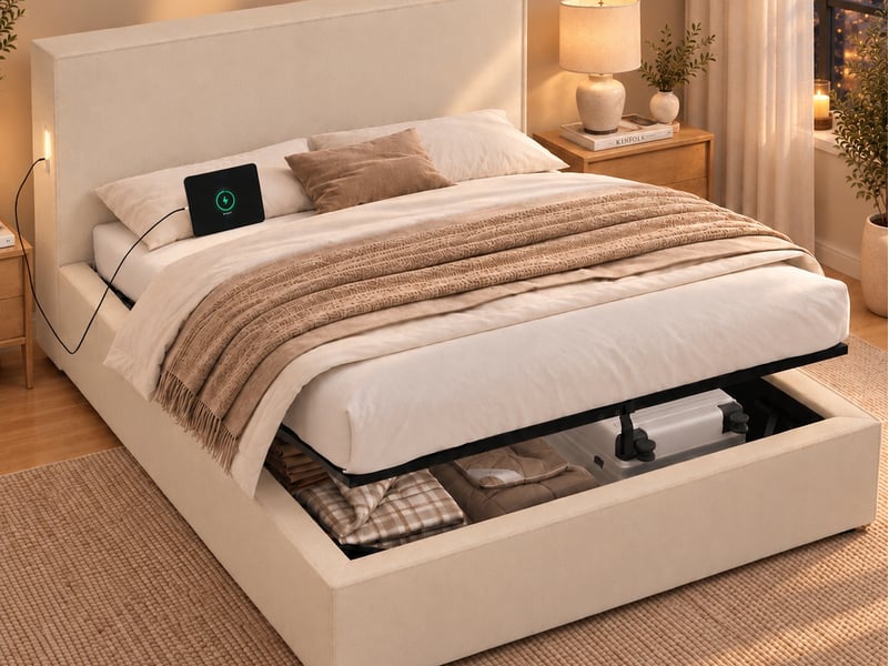  Lit enfant rembourré 120x200cm, mécanisme hydraulique, sommier à lattes, tête de lit et grand rangement, chenille beige  - Conforama B