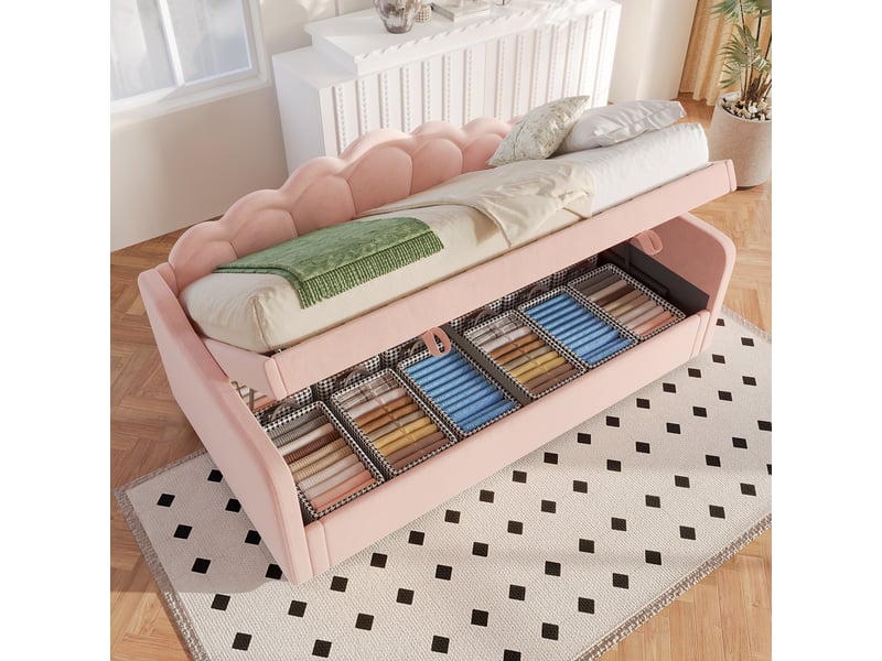  Lit coffre 90x200 cm avec rangement hydraulique et dossier ondulé, velours et mdf, rose, sans matelas  - Conforama R