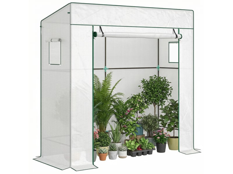  Serre pour plantes avec 2 fenêtres latérales grillagées et porte sectionnelle, en pe et acier, 196 x 77 x 197 cm, blanche  - Conforama A