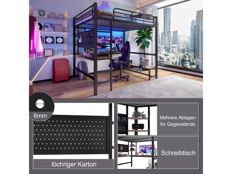  Lit mezzanine double 140×200 cm bureau, led, usb et type-c  - sans matelas métal mdf noir  - Conforama E