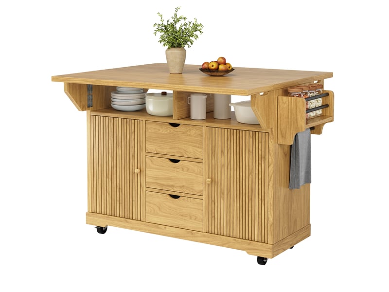  Desserte de cuisine mobile avec plateaux rabattables, 2 portes, 3 tiroirs et roulettes freinées en mdf marron naturel  - Conforama A