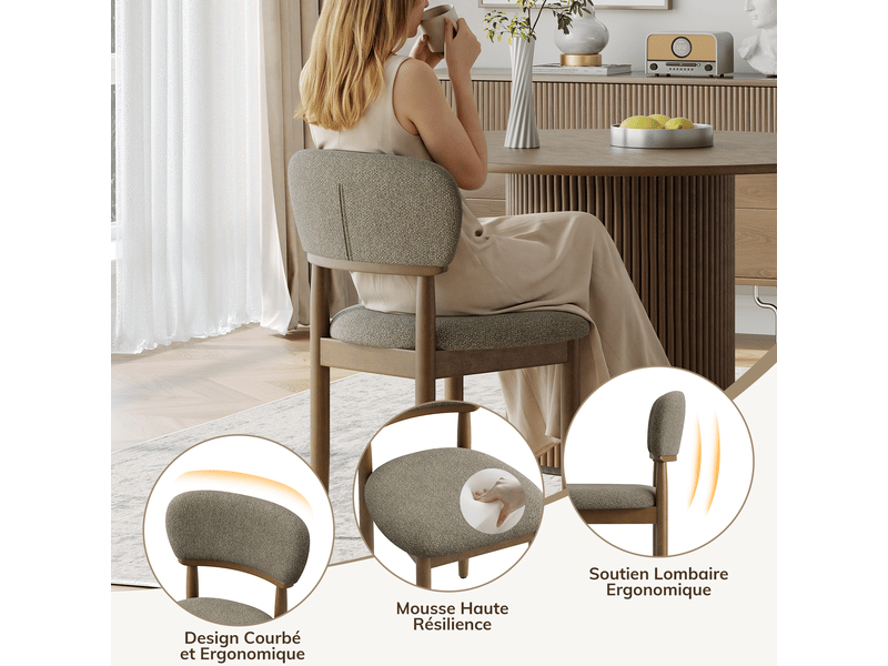 Lot de 4 chaises de salle à manger rembourrées, dossier ergonomique, tissu texturé respirant, structure en bois massif, style moderne, marron - Conforama D