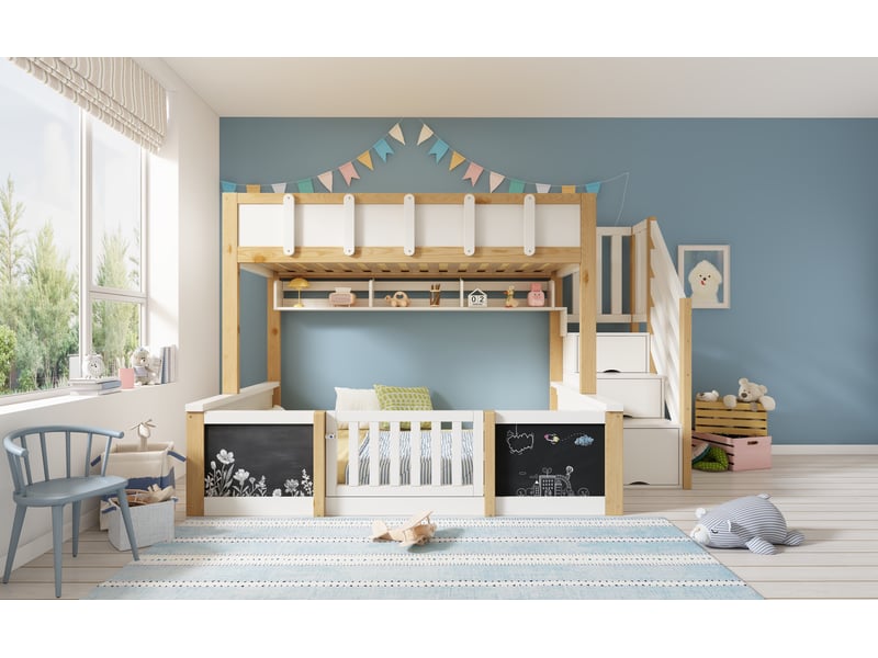 Lit superposé enfant 90x200 et 140x200 cm blanc et bois massif avec escalier de rangement et tableau noir evarich - Conforama E