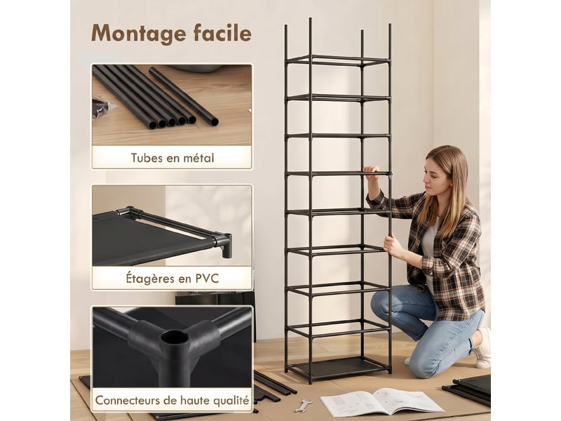  Étagère à chaussures 20 paires 10 niveaux, noir, range-chaussures en métal avec housse anti-poussière  - Conforama W