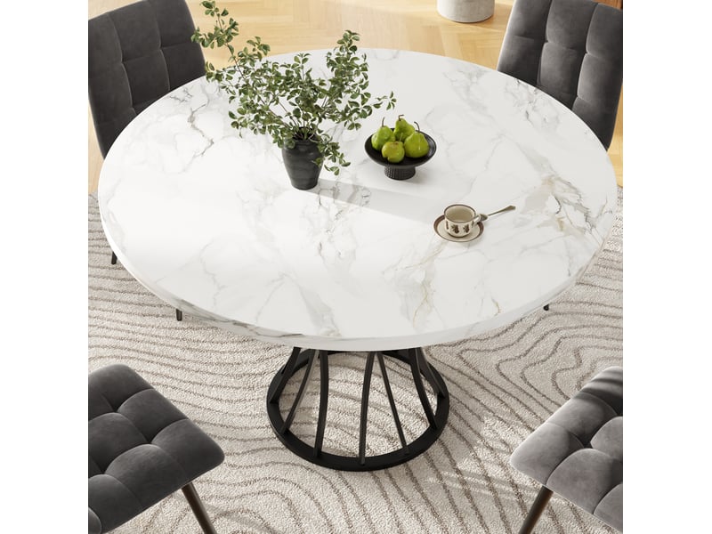  Table ronde 80x80x76cm avec pieds métalliques, finition noire, style géométrique, plateau aggloméré, adaptée au salon, motif imitation marbre (non marbre)  - Conforama D
