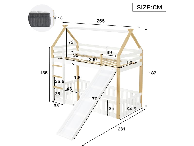  Lit mezzanine 90x200 cm - lit combiné enfant avec toboggan, échelle et barrière de sécurité - avec rangement - bois blanc et naturel  - Conforama E