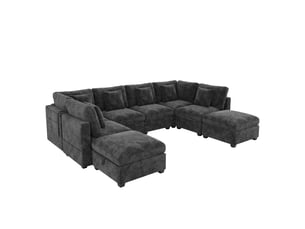 Canapé d'angle panoramique fixe <strong></strong> <strong></strong> 8 places Tissu gris avec coffre de rangement