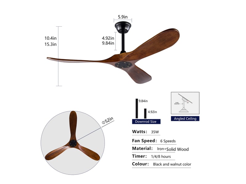 Ventilateur de plafond 132 cm noir et noyer foncé, 3 pales en bois, moteur réversible silencieux sans éclairage - Conforama C
