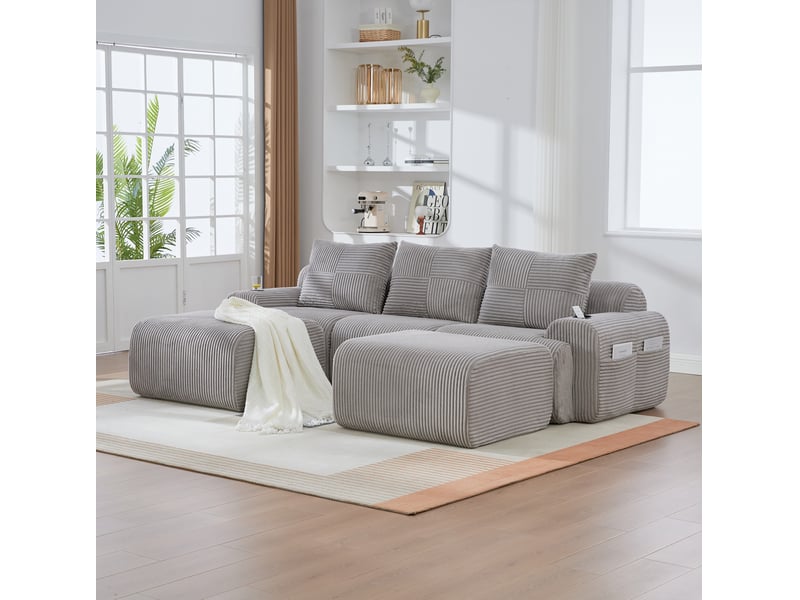  Canapé modulable 3 places 268x174x80 cm porte-gobelets poche latérale assise large confort velours côtelé gris clair  - Conforama B