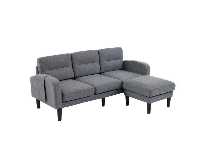 Canapé d'angle en l gris, 3 places avec méridienne confortable, canapé modulable en tissu avec poches de rangement pour salon, 204x136x80 cm - Conforama A