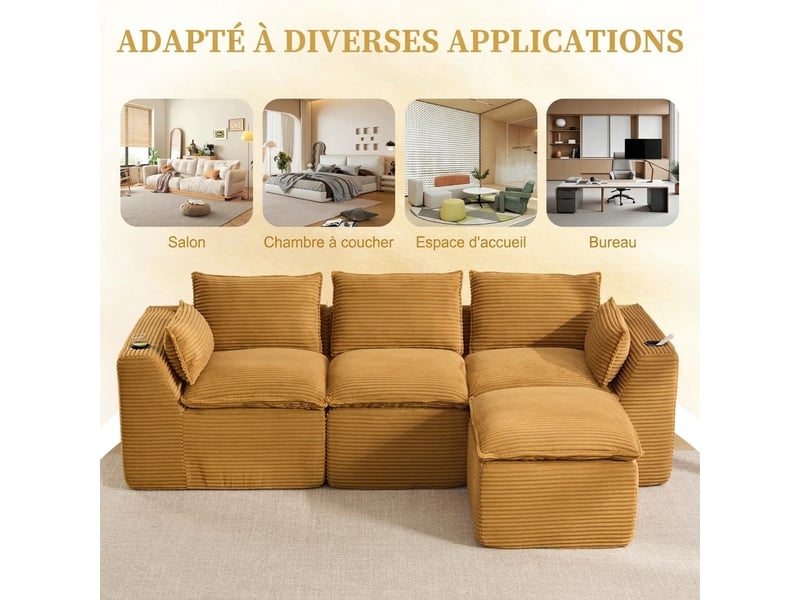  Canapé modulaire 3 places avec pouf assorti 256 x 161 x 75 cm - velours côtelé orange  - Conforama D