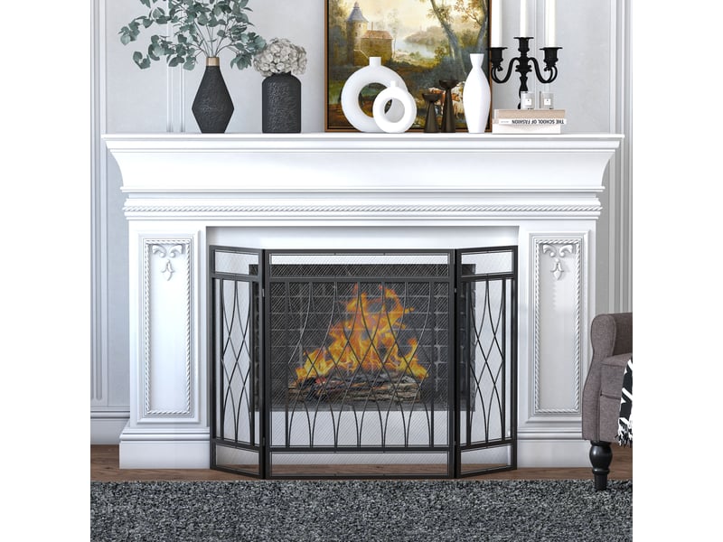  Pare-feu pliable en trois parties avec charnières et cadre métallique décoratif, 126 x 3 x 80 cm, noir  - Conforama D
