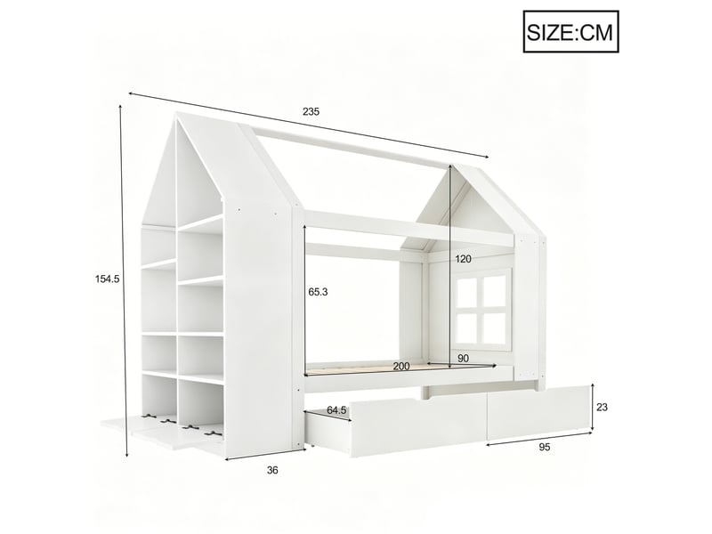  Lit enfant cabane 90x200 cm avec 2 tiroirs et éclairage led, blanc, sans matelas  - Conforama C