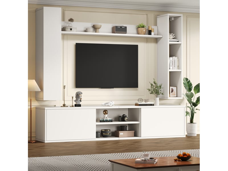  Ensemble meuble tv mural 180x35x33,5 cm avec rangements en panneau de particules blanc jusqu'à 50 pouces  - Conforama C