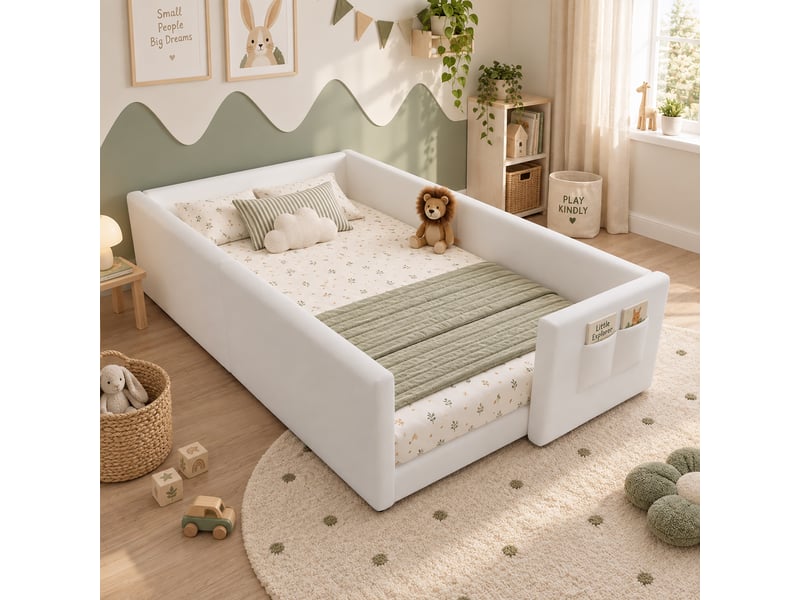  Lit enfant 90x200 cm, lit au sol simple rembourré en velours blanc, côtés entièrement matelassés, faible hauteur, poche latérale de rangement  - Conforama B