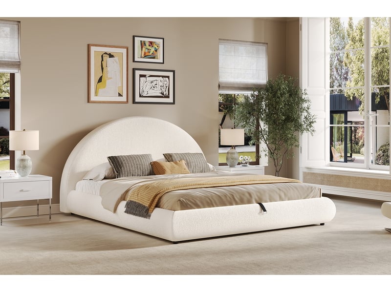  Lit double hydraulique 180 x 200 cm blanc bouclé avec sommier et rangement  - Conforama C