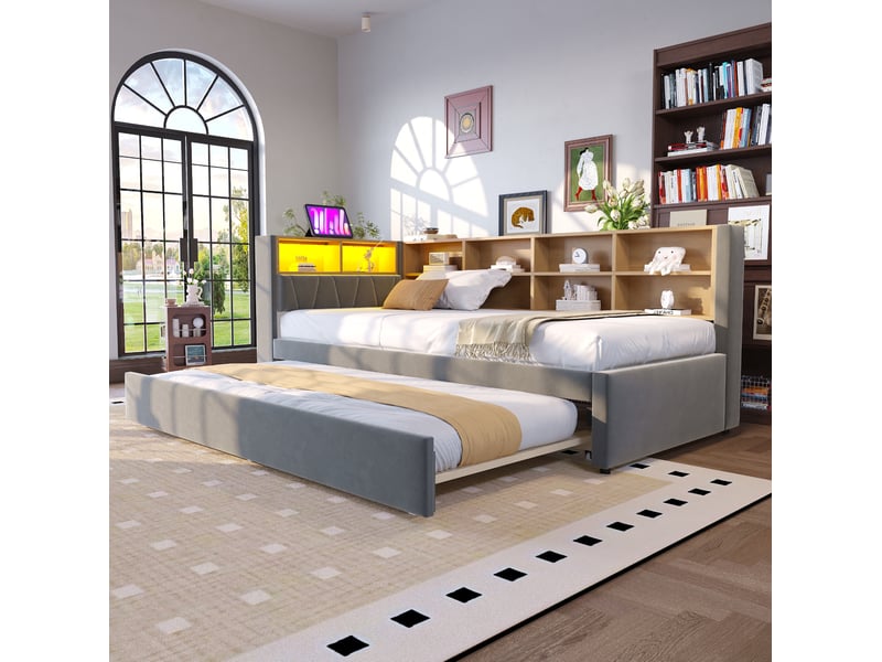 Lit enfant gigogne 90 x 200 cm + 90 x 190 cm led usb-c et prise secteur multiple flanelle gris foncé sans matelas - Conforama W