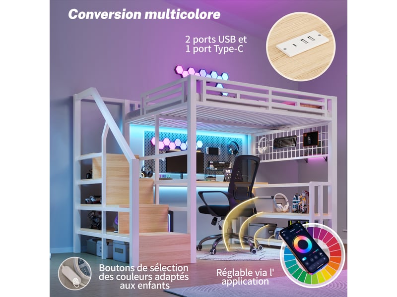  Lit mezzanine enfant 140x200 cm avec bureau intégré, rangements, éclairage led et structure métal mdf blanche  - Conforama B