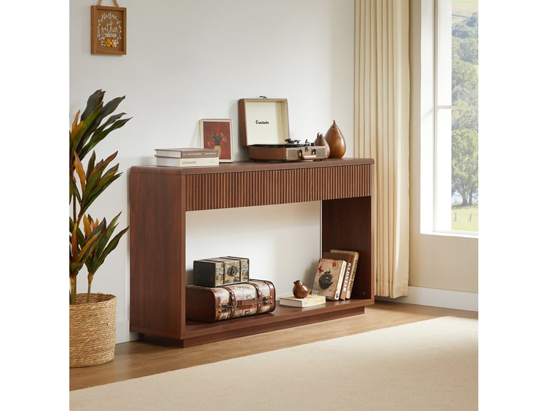  Table console d'entrée 150x35x85 cm – noyer – 2 tiroirs et tablette ouverte, style rétro rainuré  - Conforama B