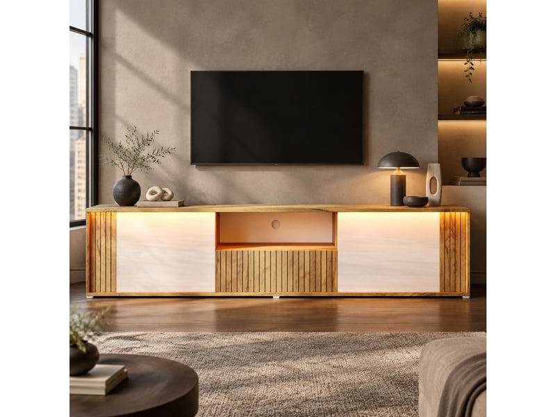  Meuble tv avec 2 portes, 1 tiroir, niches, led et passe-câbles pour le salon, blanc et bois naturel, 180×40×51 cm  - Conforama C