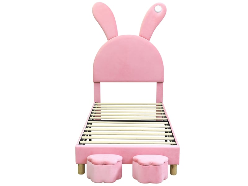  Lit rembourré 90x200, avec deux poufs de rangement, éclairage led pour table de chevet, oreilles de lapin rabattables, sans matelas, lit pour adolescent, sommier à lattes, tête de lit réglable en hauteur, velours français, rose  - Conforama E
