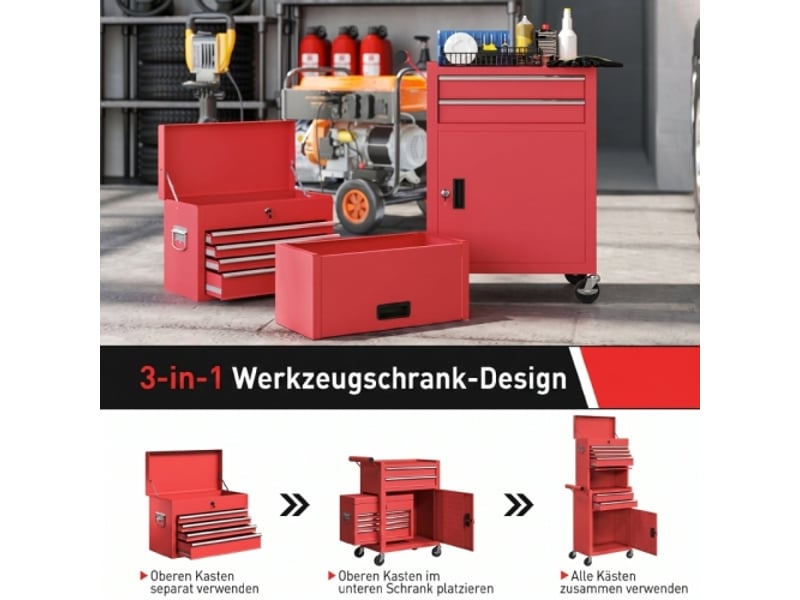  Armoire à outils roulante rouge en acier avec 6 tiroirs et 2 portes, meuble de rangement verrouillable pour atelier  - Conforama C