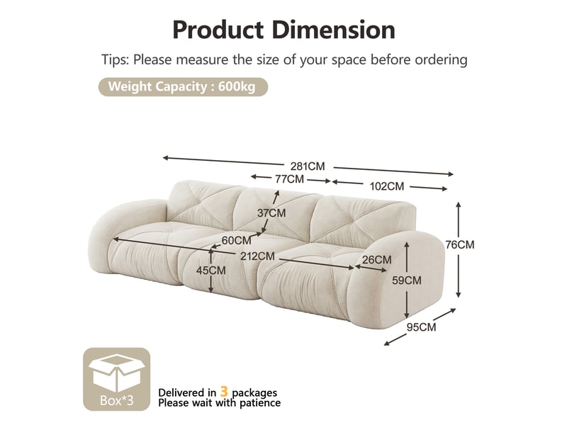  Canapé modulaire 3 places sans cadre avec assise en mousse 32d et tissu chenille pour salon, beige clair  - Conforama E