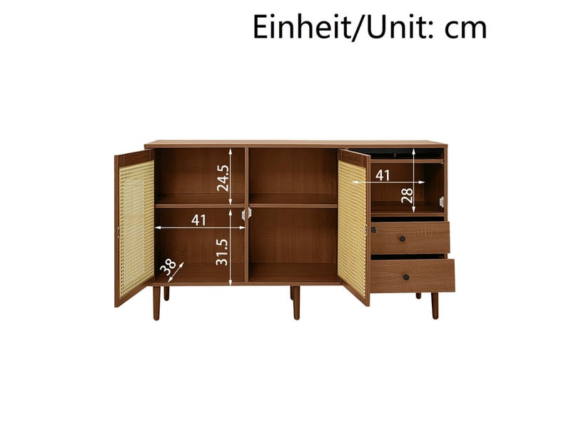 Meuble de rangement, buffet avec 2 portes en rotin, étagères réglables et 2 tiroirs, 130 x 75,5 x 40 cm, fermeture magnétique, pour salon et salle à manger - Conforama C