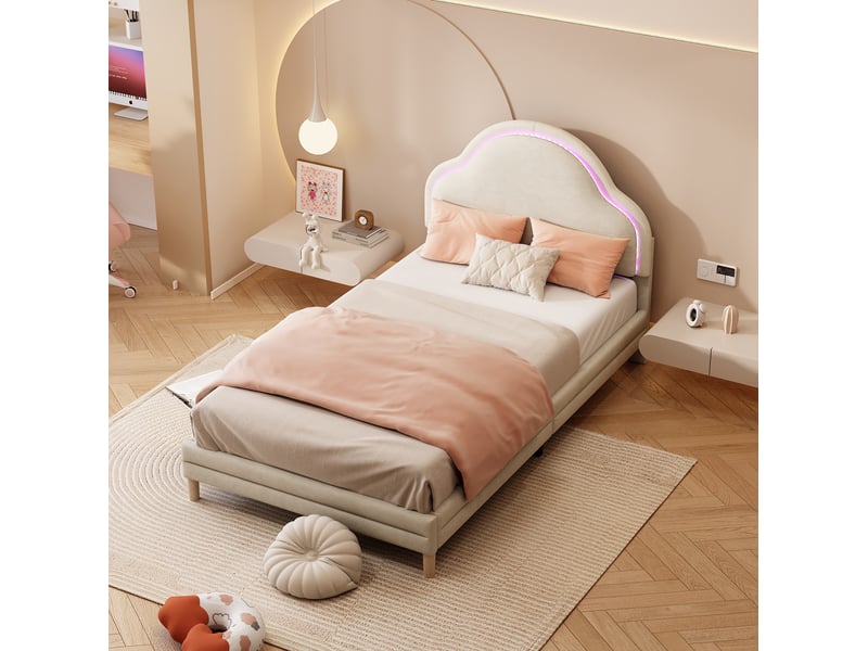  Lit enfant 1 place en velours beige avec tête de lit nuage et led multicolores 90 x 200 cm  - Conforama B
