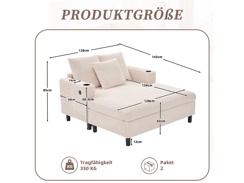 Fauteuil relax chaise longue fixe 1 place en velours côtelé beige avec usb, led et porte-gobelets pour salon - Conforama C