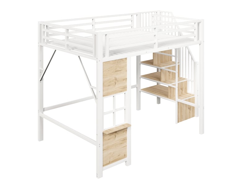 Lit mezzanine métal blanc 140×200 cm avec échelle rangement, fenêtres et garde-corps - Conforama E