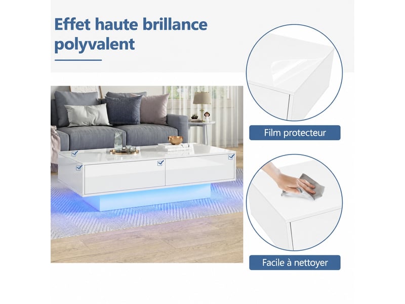  Table basse 115x55x34 cm avec led, 2 tiroirs, rangement, finition haute brillance, table de salon, blanc  - Conforama D