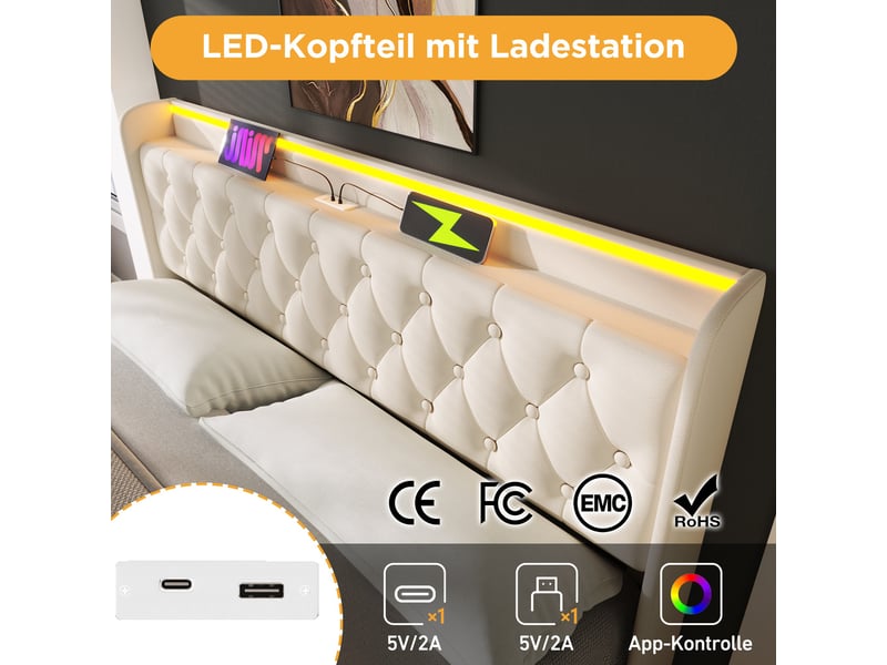  Lit coffre 160x200 cm, rangement hydraulique, éclairage led, usb et usb-c, tête de lit avec rangement pour chambre - blanc  - Conforama E