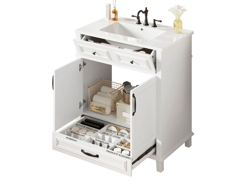  Meuble salle de bain sur pied 77 cm vasque en céramique intégrée meuble vasque blanc  - Conforama A