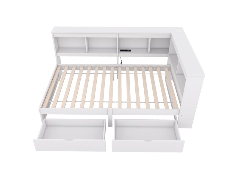 Lit banquette 90x200 cm avec tiroirs et étagères - prise et usb intégrés - bois blanc - Conforama A