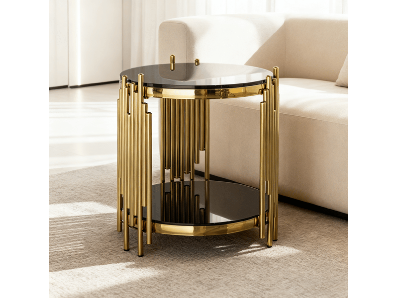  Table basse ronde 45x45x55 cm à 2 niveaux en verre noir et doré  - Conforama D