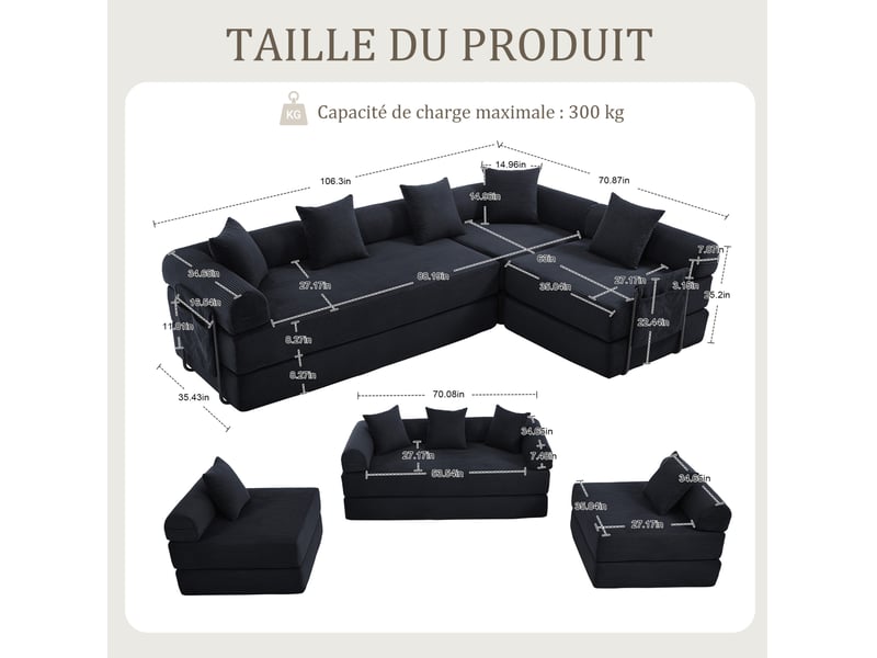  Canapé d'angle modenvie modulable 4 places en velours côtelé noir 270 x 180 cm  - Conforama C