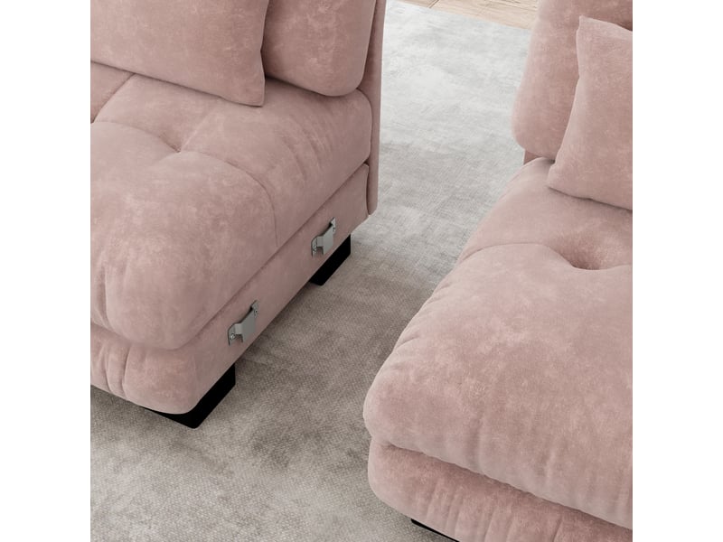  Canapé d’angle modulable 313x145x81 cm, assise épaisse et moelleuse, avec ottomane, revêtement chenille rose  - Conforama D