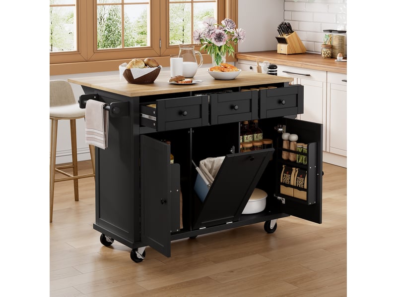  Îlot de cuisine mobile 112x46,2-76,2x92,7 cm, plan de travail extensible, roulettes, mdf, noir et naturel  - Conforama E