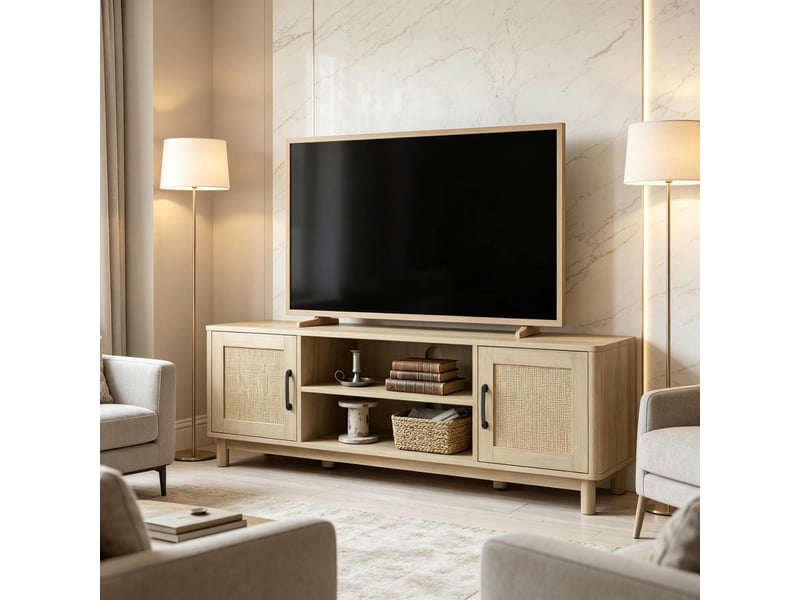 Meuble tv avec 2 portes, 2 niches ouvertes et passe-câbles, pour salon, finition chêne, 135 × 39 × 45 cm - Conforama C