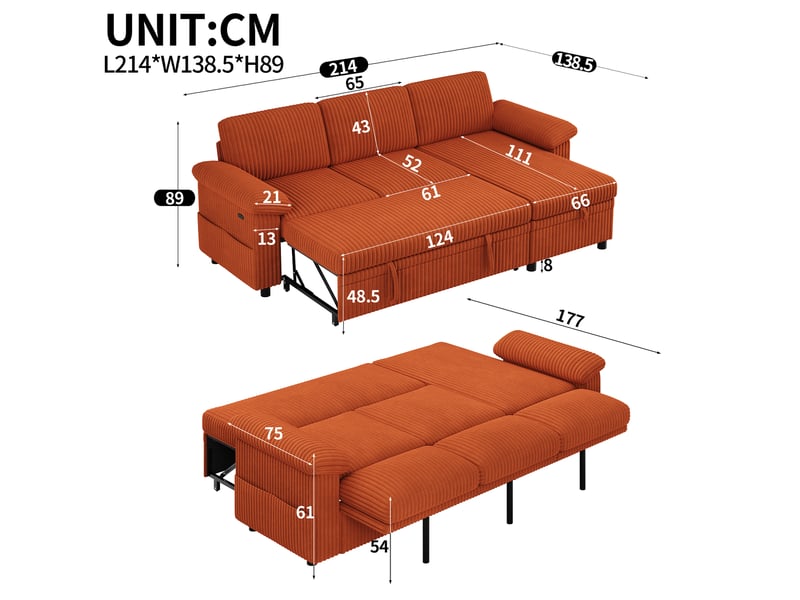  Canapé d'angle convertible 3 places 214 x 138,5 x 89 cm, couchage 214 x 177 cm, méridienne réversible avec coffre, usbtype-c, velours côtelé orange OMNIGLINT TRADING LTD - Conforama C