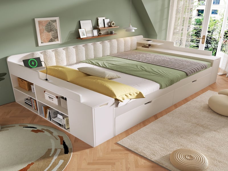  Lit canapé-lit banquette-lit 140x190 cm, sommier lattes métal, bois, station charge, 2 tiroirs, sherpa, sans matelas, blanc  - Conforama B